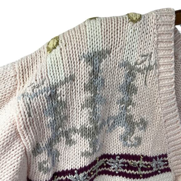 Not So Ugly Christmas Sweater Knitted Pastel Cardigan Santa Sleigh Horse Angel - Picture 10 of 13